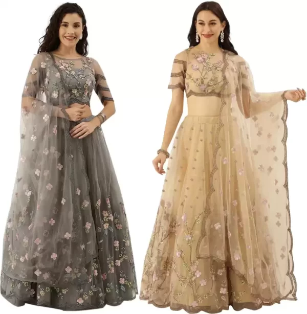 Embroidered Semi Stitched Lehenga Choli  (Beige, Grey)