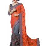Embroidered Bollywood Silk Blend Saree  (Orange, Grey)