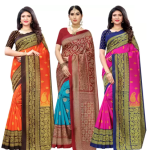 Floral Print, Striped, Printed Banarasi Poly Silk Saree  (Pack of 3, Orange, Maroon, Pink)
