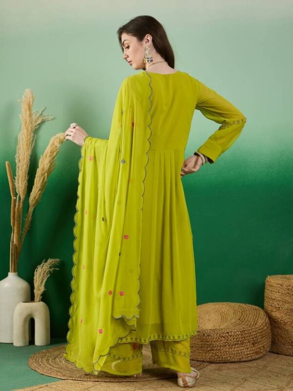 Women Georgette Kurta Palazzo Dupatta Set Lime Green - Image 3