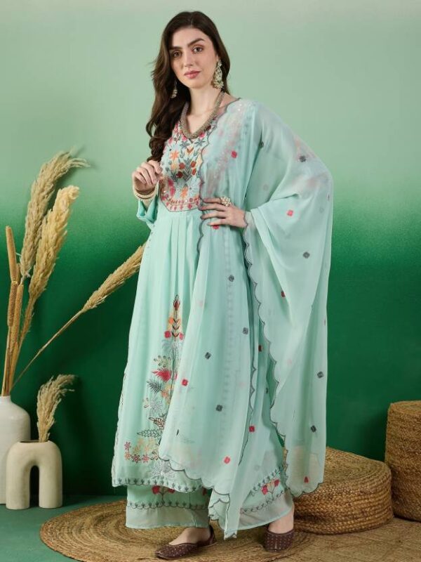 Women Georgette Kurta Palazzo Dupatta Set Sea Green - Image 4