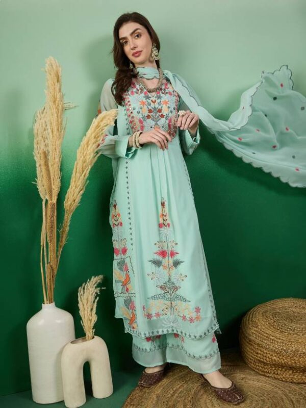 Women Georgette Kurta Palazzo Dupatta Set Sea Green - Image 3