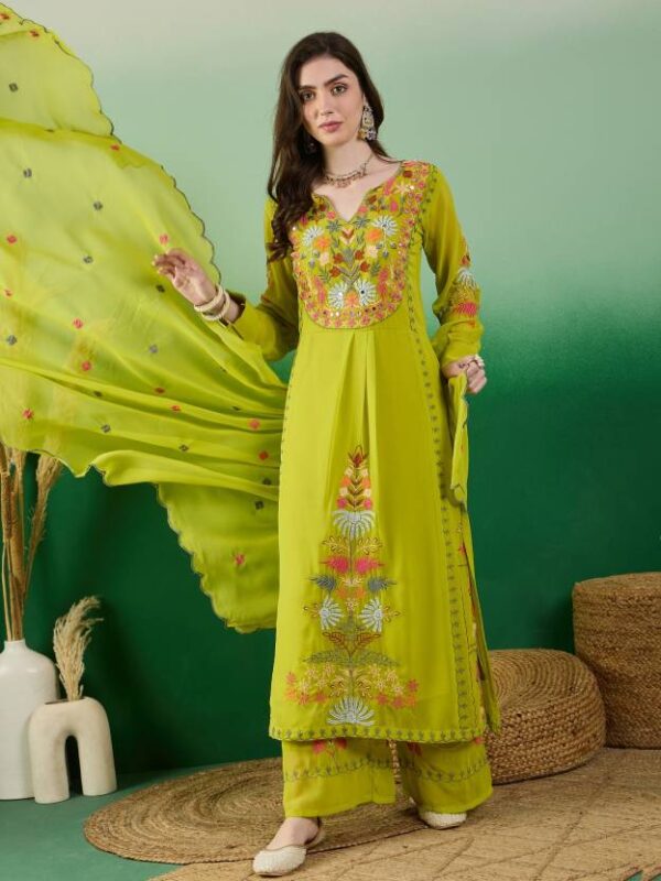 Women Georgette Kurta Palazzo Dupatta Set Lime Green - Image 2