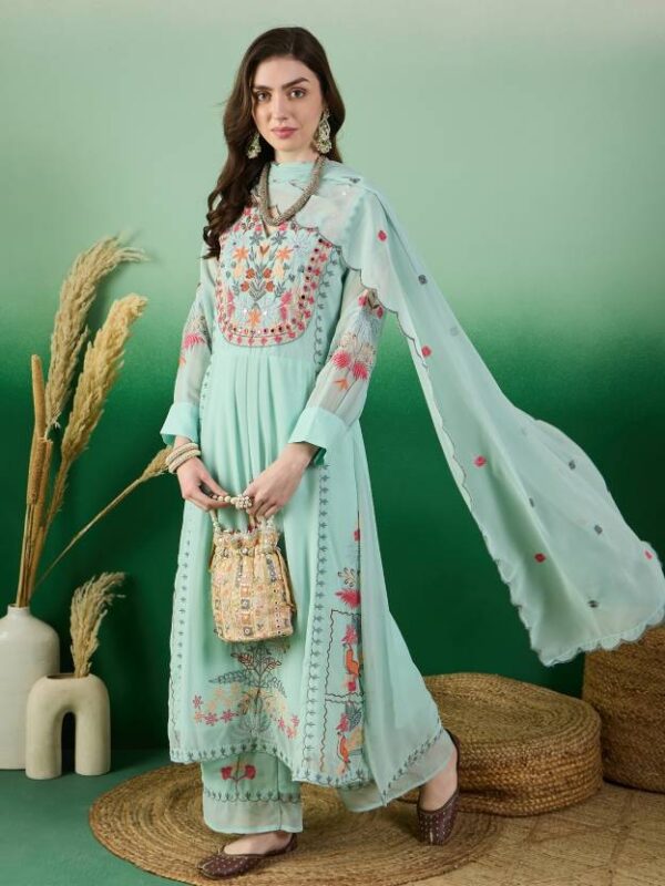 Women Georgette Kurta Palazzo Dupatta Set Sea Green - Image 2