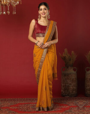 Turmeric Yellow Chiffon Stone Work Swarovski Saree