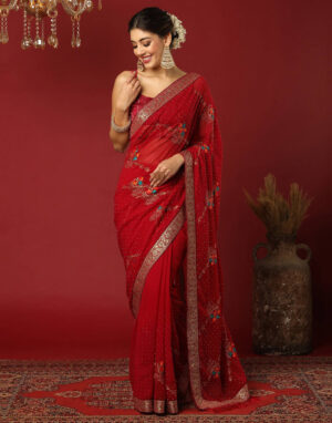 Red Georgette Stone Work Swarovski Saree