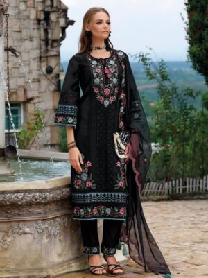 Black Silk Embroidered Kurti With Pants And Dupatta Set