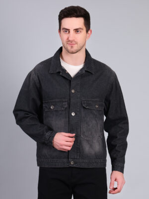 Full Sleeve Solid Denim Jacket Dark Grey