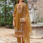 Mustard Silk Embroidered Kurti With Pants And Dupatta Set