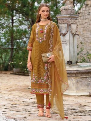 Mustard Silk Embroidered Kurti With Pants And Dupatta Set