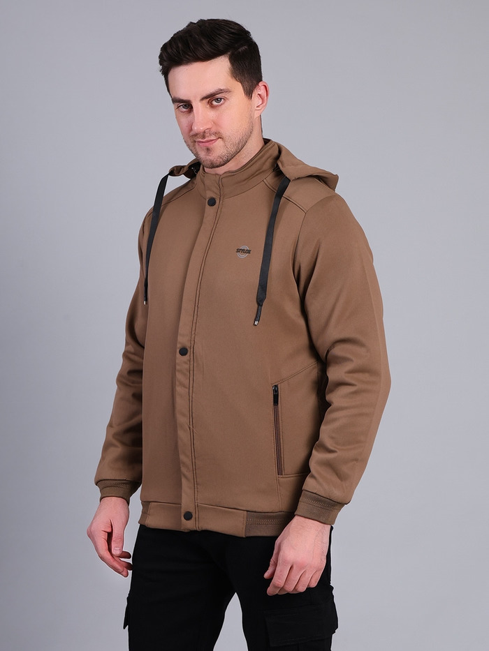 Solid Hooded Winter Jacket | Full Sleeve Zip-Up Casual Jacket (Tan) - Image 2
