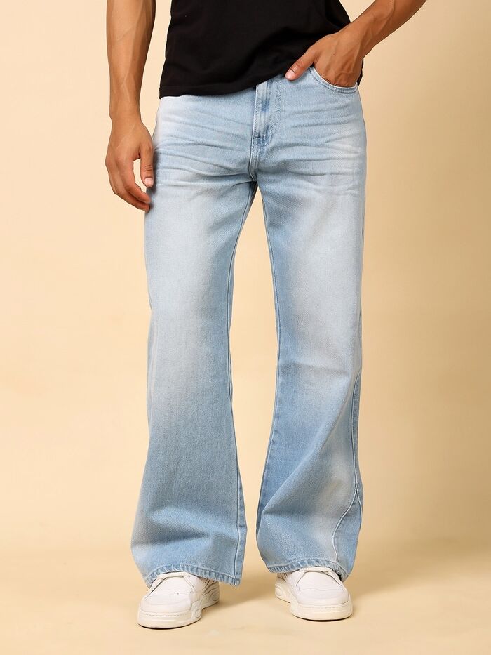 Baggy Fit Non-Stretch Wide Leg Denim Jeans Light Blue