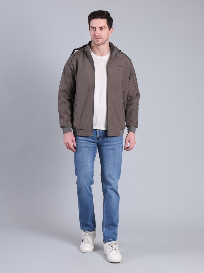 Solid Hooded Winter Jacket | Full Sleeve Zip-Up Casual Jacket (Grey) - Image 2