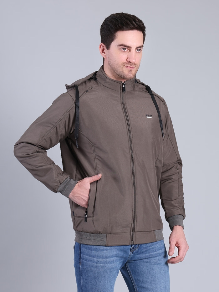 Solid Hooded Winter Jacket | Full Sleeve Zip-Up Casual Jacket (Grey) - Image 3