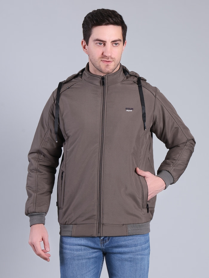 Solid Hooded Winter Jacket | Full Sleeve Zip-Up Casual Jacket (Grey)