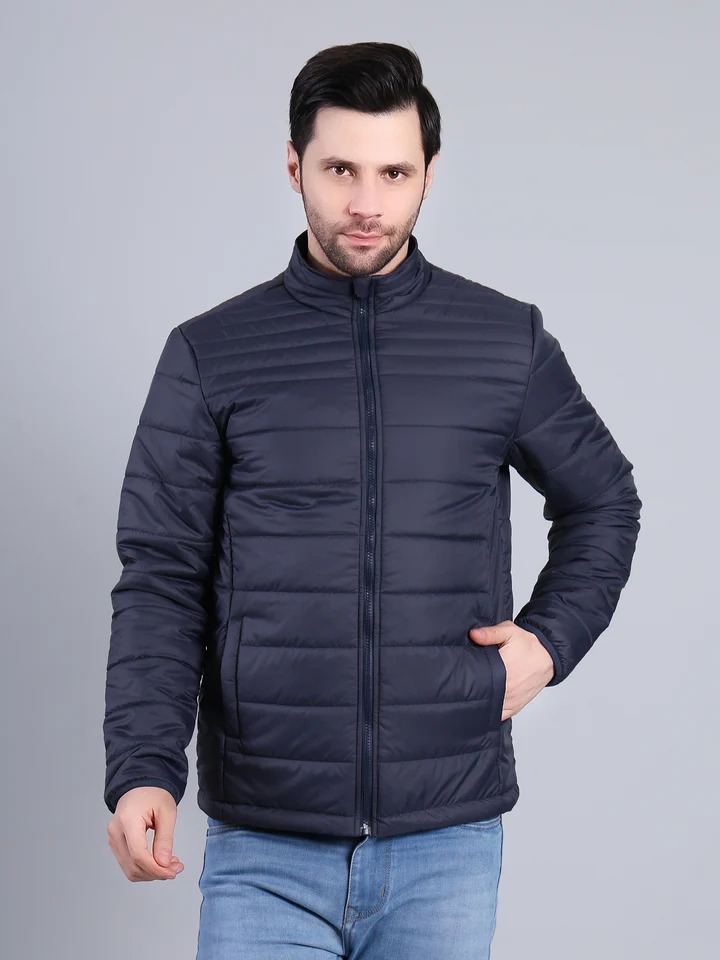 Men Lightweight Puffer Winter Jacket with Zip Closure (Navy)