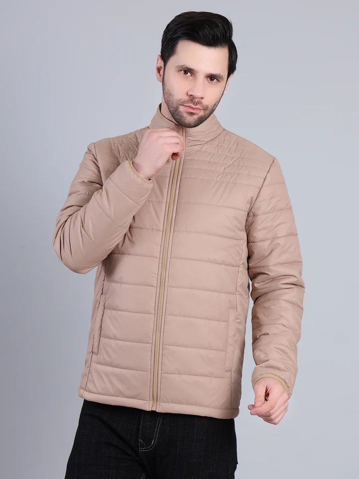 Men Lightweight Puffer Winter Jacket with Zip Closure (Beige)