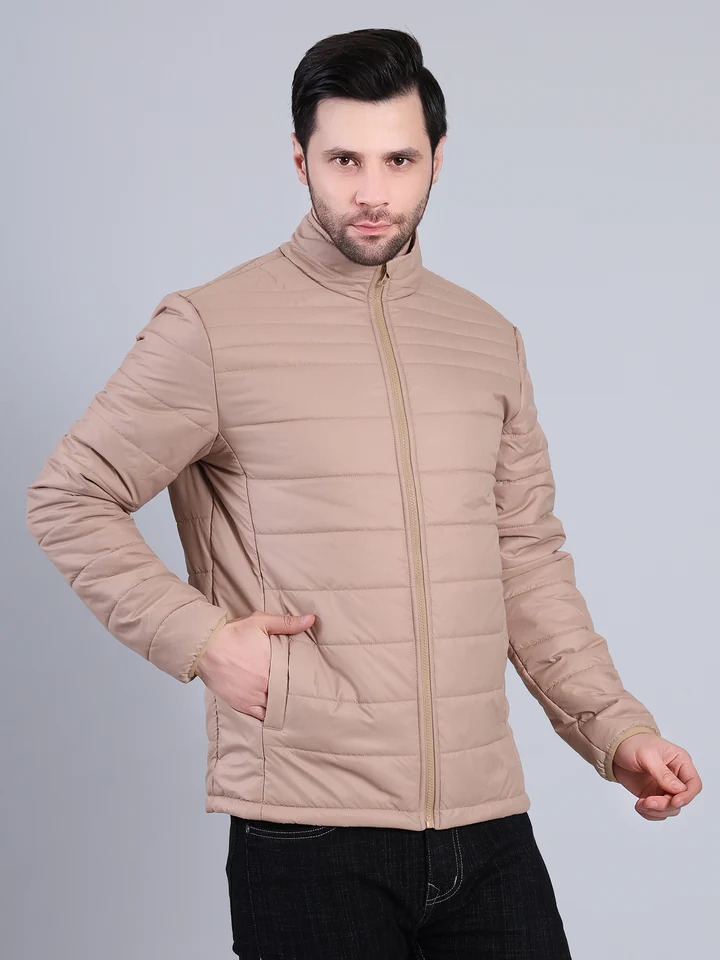 Men Lightweight Puffer Winter Jacket with Zip Closure (Beige) - Image 2