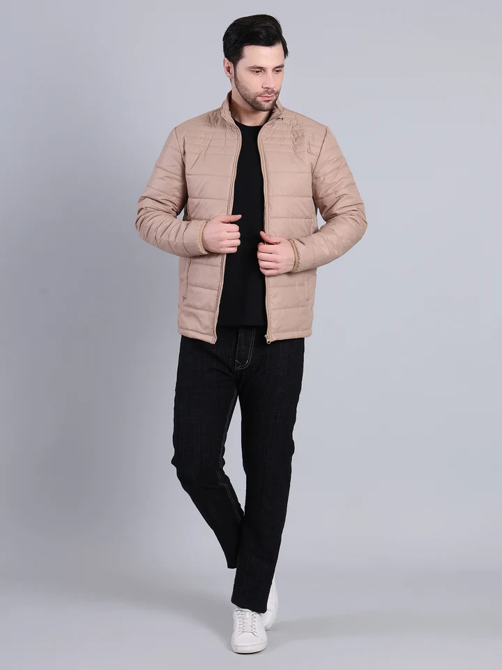 Men Lightweight Puffer Winter Jacket with Zip Closure (Beige) - Image 4