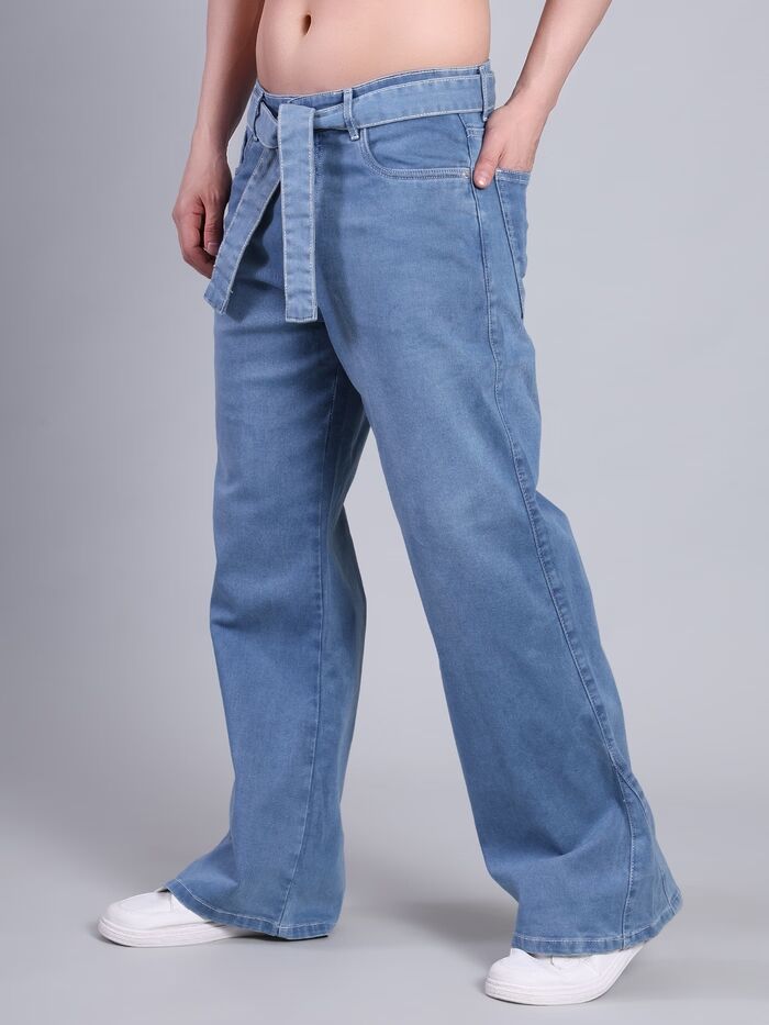 Baggy Non-Stretch Wide Leg Jeans with Tie Belt-Light Blue - Image 2