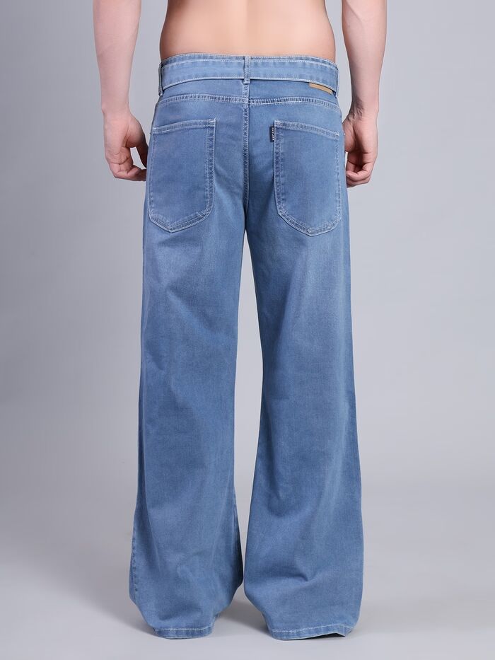 Baggy Non-Stretch Wide Leg Jeans with Tie Belt-Light Blue - Image 3
