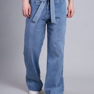 Baggy Non-Stretch Wide Leg Jeans with Tie Belt-Light Blue