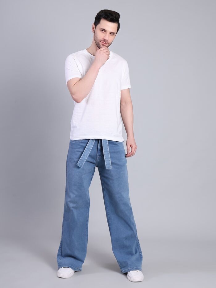 Baggy Non-Stretch Wide Leg Jeans with Tie Belt-Light Blue - Image 4