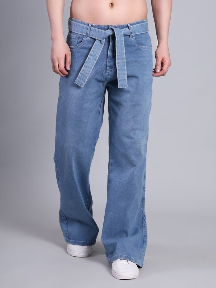 Baggy Non-Stretch Wide Leg Jeans with Tie Belt-Light Blue
