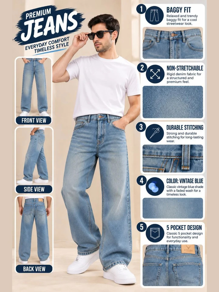 Men’s Baggy Fit Non-Stretchable Denim Jeans - Image 5