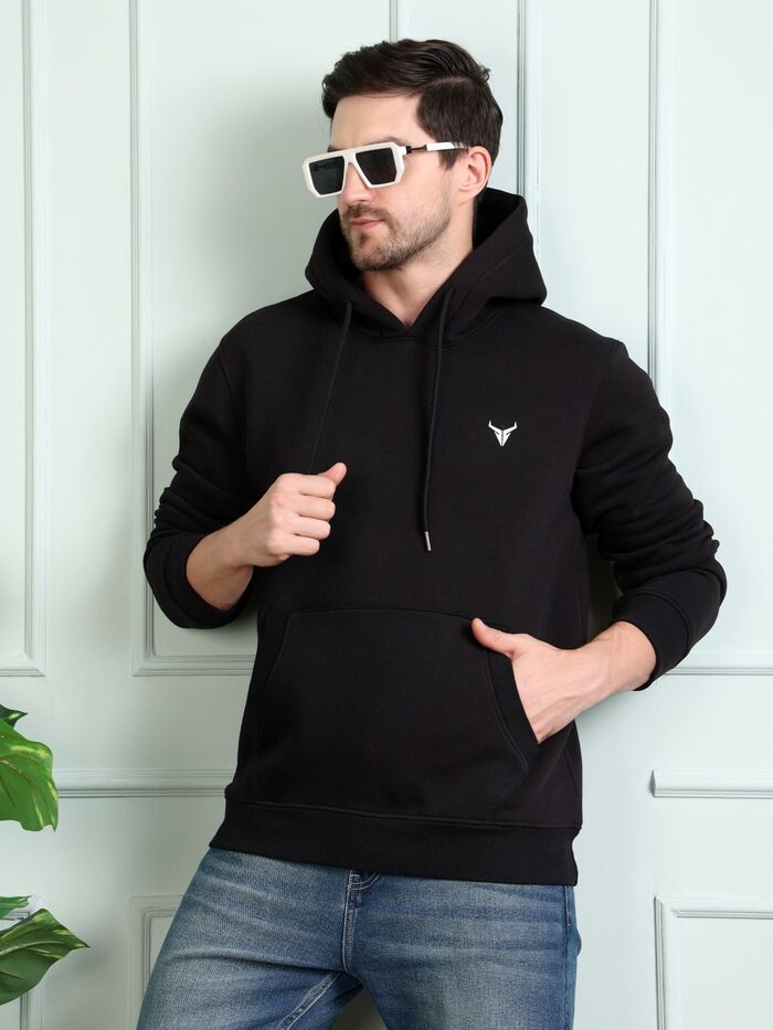 Round Neck Full Sleeve Solid Casual Hoodies Black