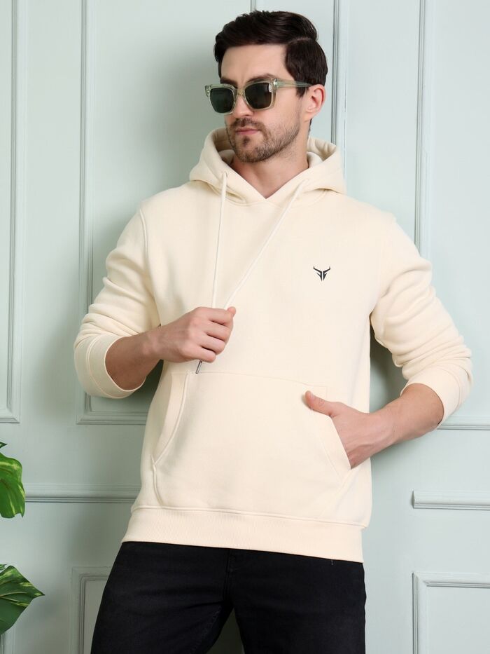 Round Neck Full Sleeve Solid Casual Hoodies Ivory