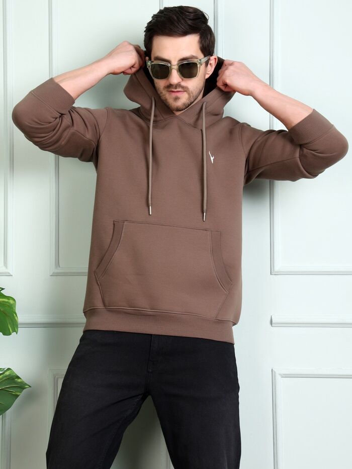 Round Neck Full Sleeve Solid Casual Hoodies Olive