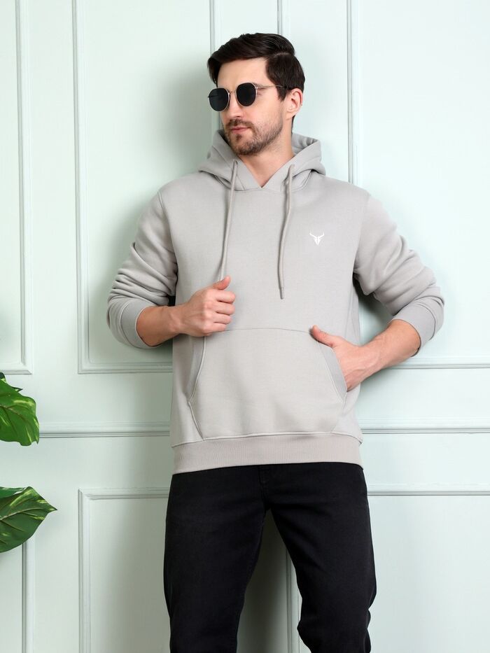 Round Neck Full Sleeve Solid Casual Hoodies Light Grey