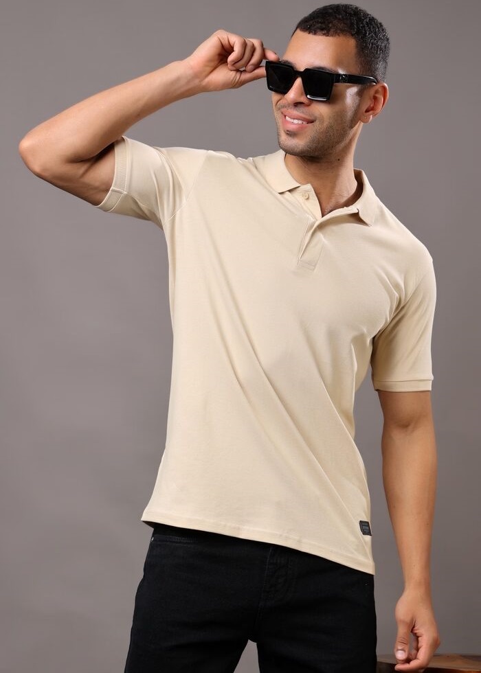 Regular Fit Solid Polo T-Shirt Beige