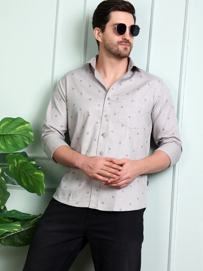 Regular Fit Full Sleeve Printed Casual Shirt Grey