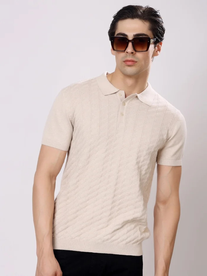 Regular Fit Half Sleeve Solid Casual Polo T-Shirt Beige - Image 4