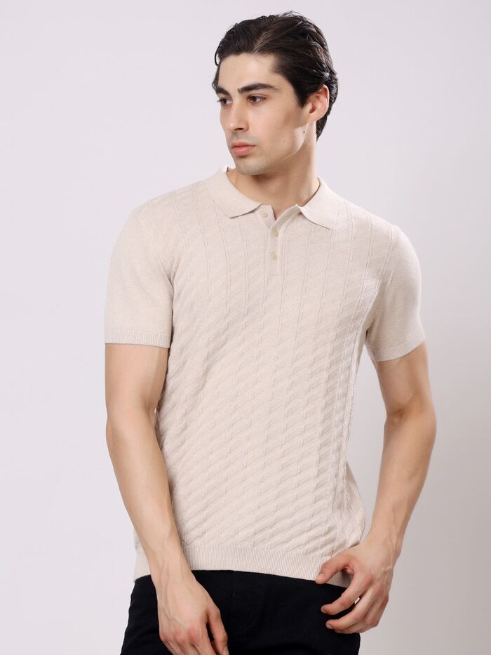 Regular Fit Half Sleeve Solid Casual Polo T-Shirt Beige - Image 6