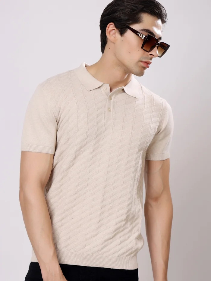Regular Fit Half Sleeve Solid Casual Polo T-Shirt Beige