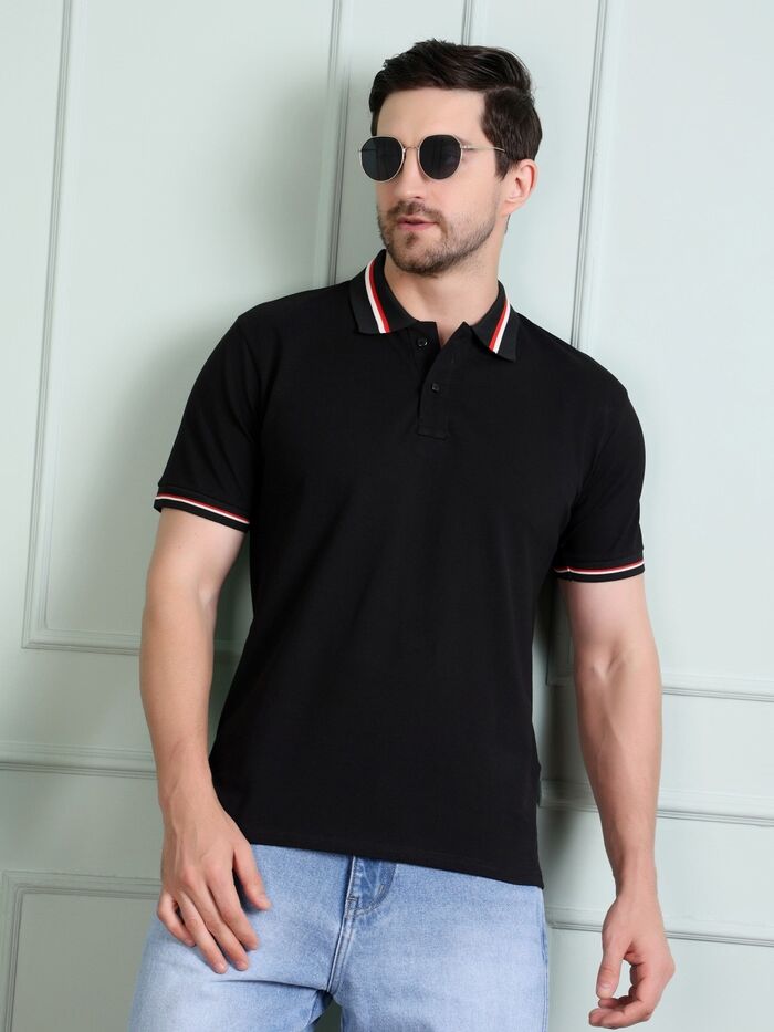 Regular Fit Half Sleeve Solid Casual Polo T-Shirt Black