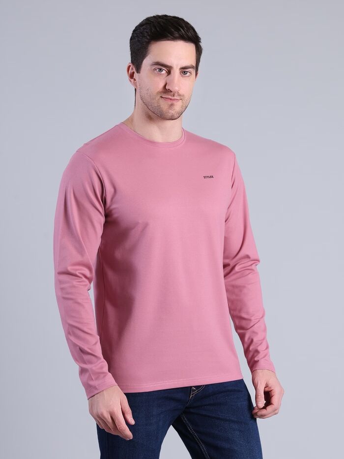 Regular Fit full Sleeve Solid Round Neck T-Shirt (Peach) - Image 3