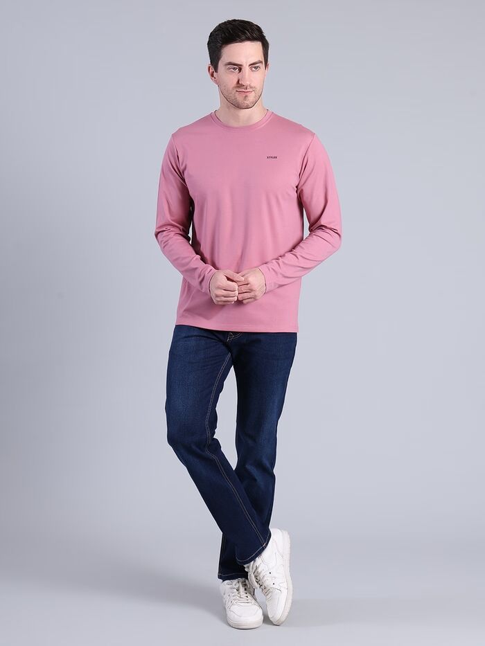 Regular Fit full Sleeve Solid Round Neck T-Shirt (Peach) - Image 2