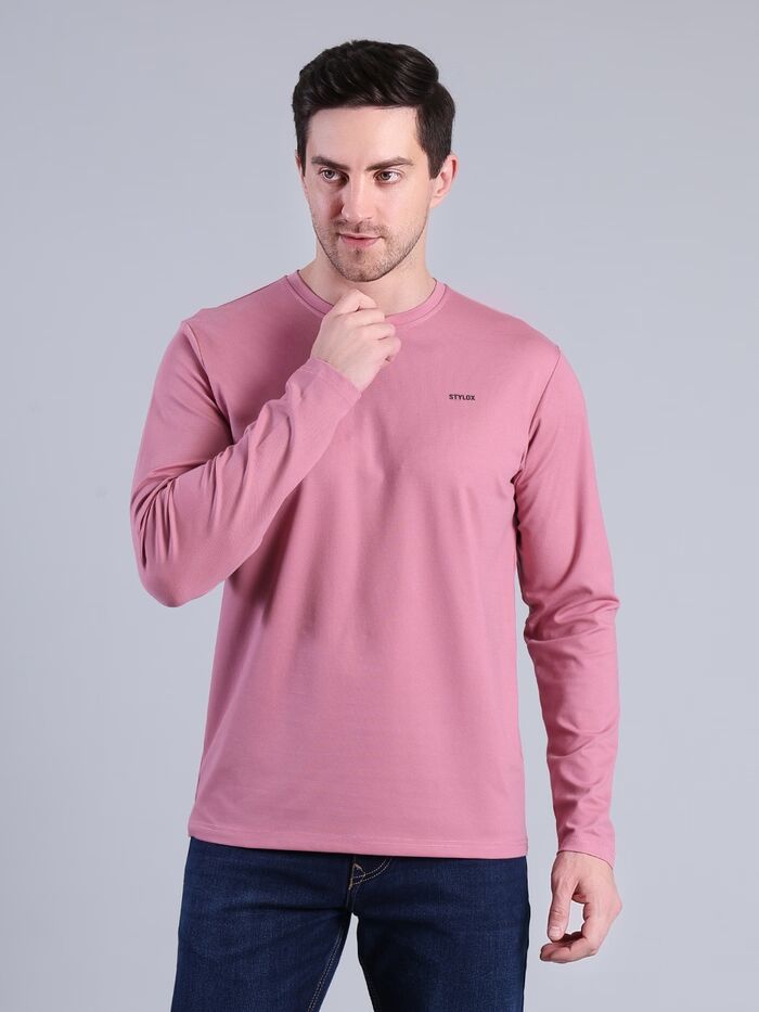 Regular Fit full Sleeve Solid Round Neck T-Shirt (Peach)