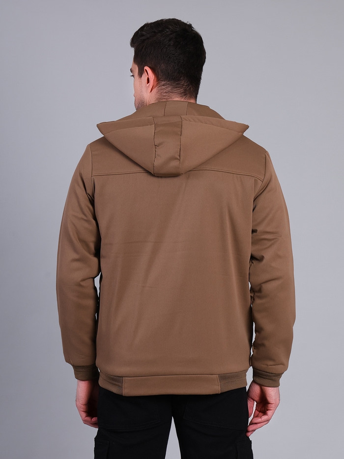 Solid Hooded Winter Jacket | Full Sleeve Zip-Up Casual Jacket (Tan) - Image 5