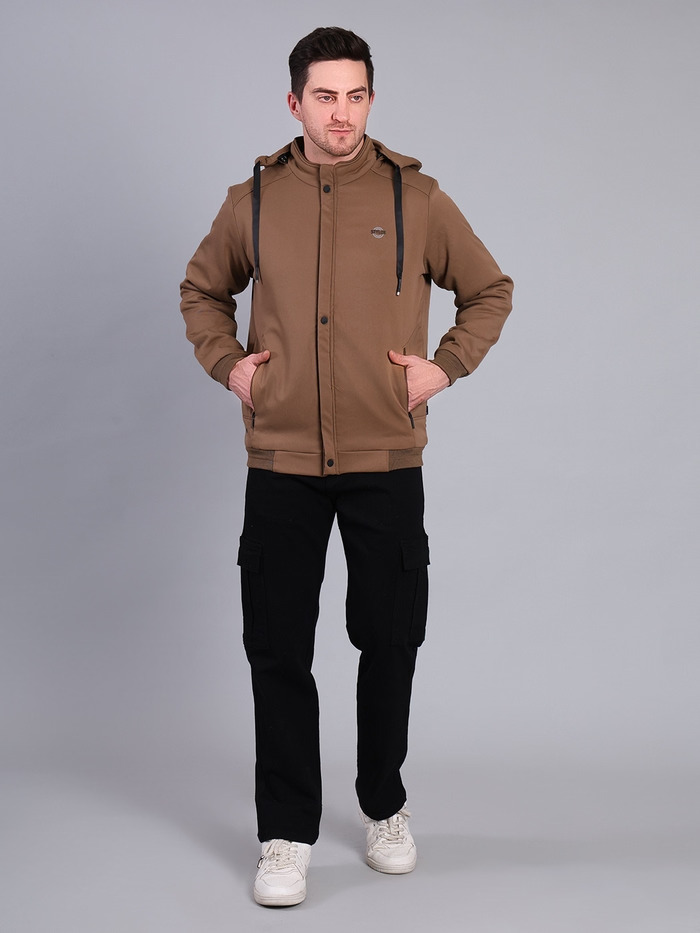 Solid Hooded Winter Jacket | Full Sleeve Zip-Up Casual Jacket (Tan) - Image 3
