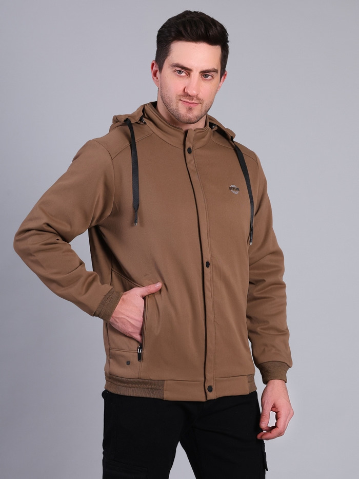 Solid Hooded Winter Jacket | Full Sleeve Zip-Up Casual Jacket (Tan) - Image 4