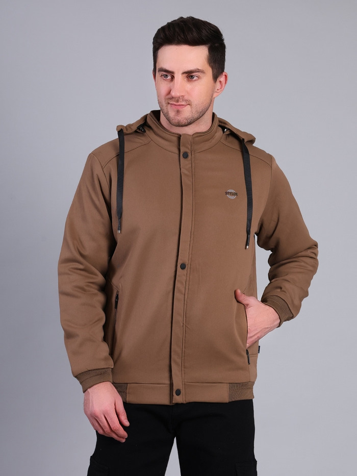 Solid Hooded Winter Jacket | Full Sleeve Zip-Up Casual Jacket (Tan)
