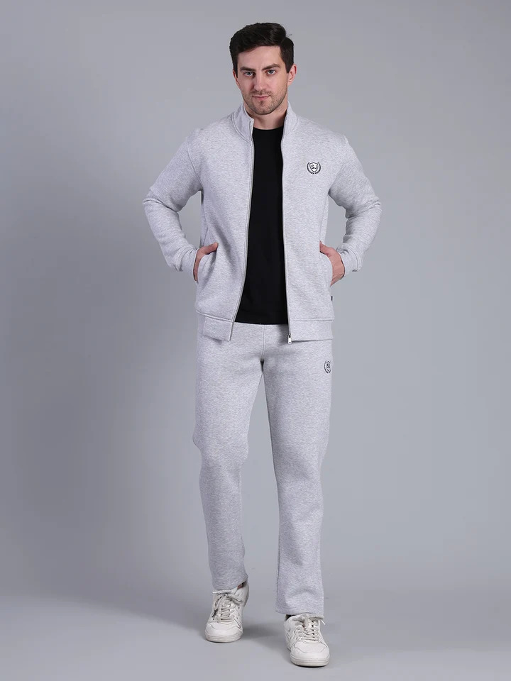 Solid Tracksuit Set Jacket & Joggers Winter Athleisure Wear (Grey)