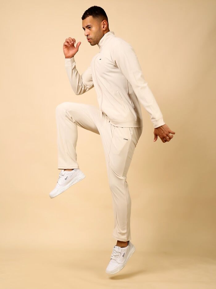 Solid Tracksuit Stylish Full Set for Sports, Gym & Casual Wear (Beige)